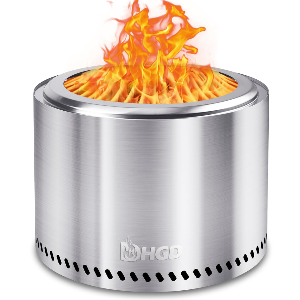 HGD 20-Inch Smokeless Fire Pit front view shows modern stainless steel design for patios.