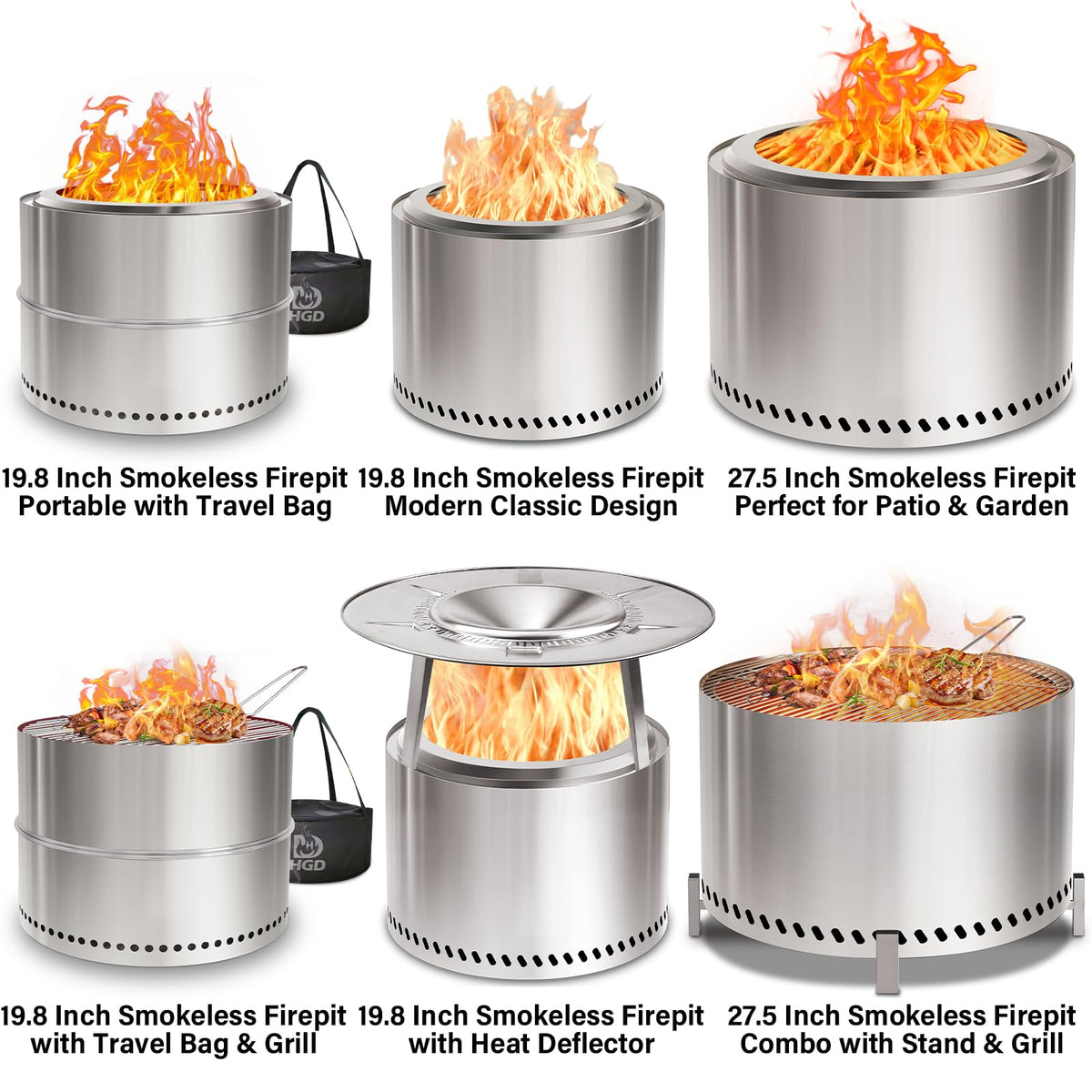 HGD 20-Inch Smokeless Fire Pit side view highlights compact footprint for small yards.