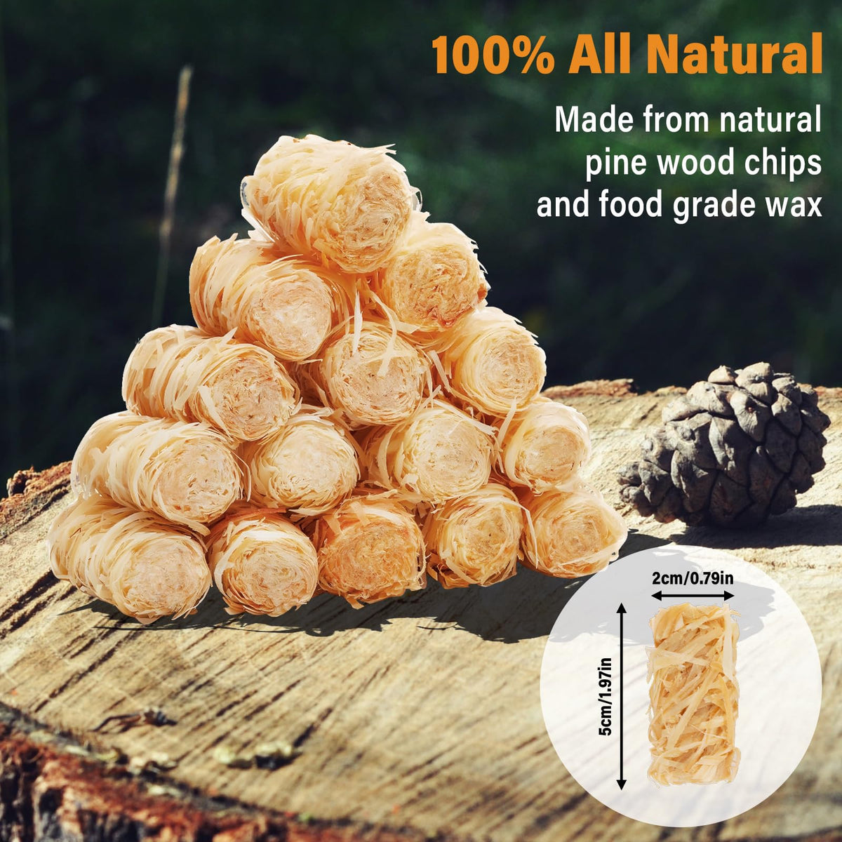 Close-up of wood shavings and wax in HGD fire starters for steady flames.