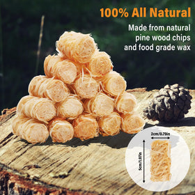 Close-up of wood shavings and wax in HGD fire starters for steady flames.