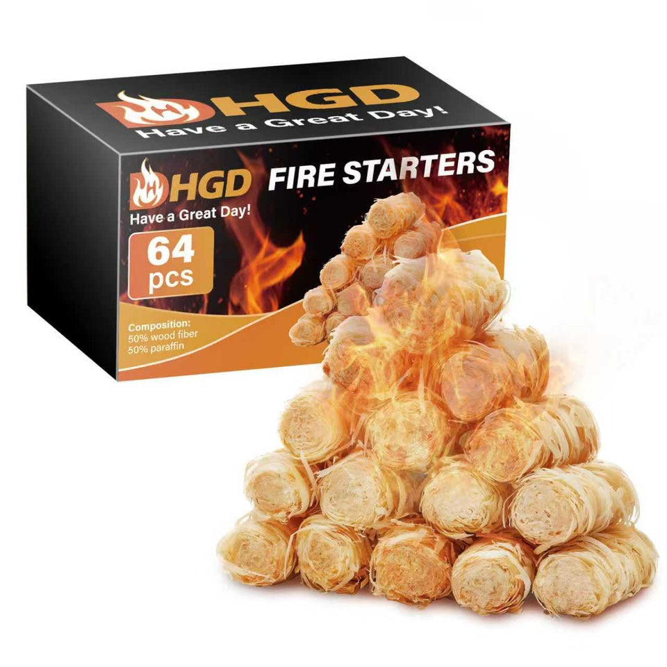 HGD natural fire starters 64-piece package ready for quick ignition outdoors.
