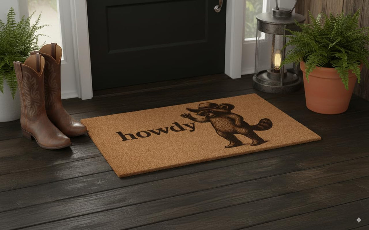 HH Family Howdy-1 raccoon Howdy design greets visitors with lighthearted humor.