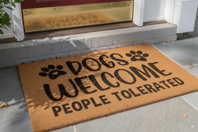 HH Family raccoon-howdy design doormat brings playful charm.