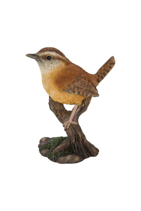 Hi-Line Carolina Wren on Stump statue, front view, durable polyresin for indoor or outdoor display.
