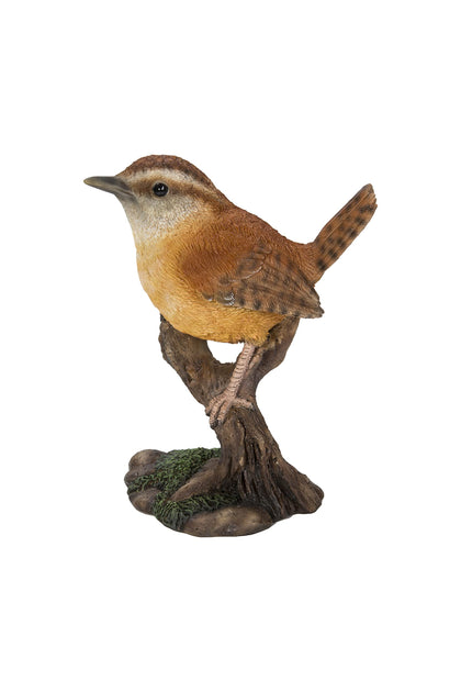 Hi-Line Carolina Wren on Stump statue, front view, durable polyresin for indoor or outdoor display.