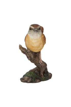 Hi-Line Wren on Stump garden display, weather-friendly material for outdoor spaces.