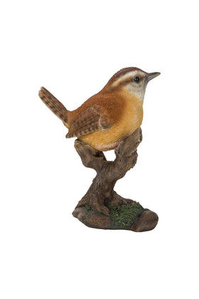 Hi-Line Carolina Wren on Stump, hand-painted finish enhances charm and color.
