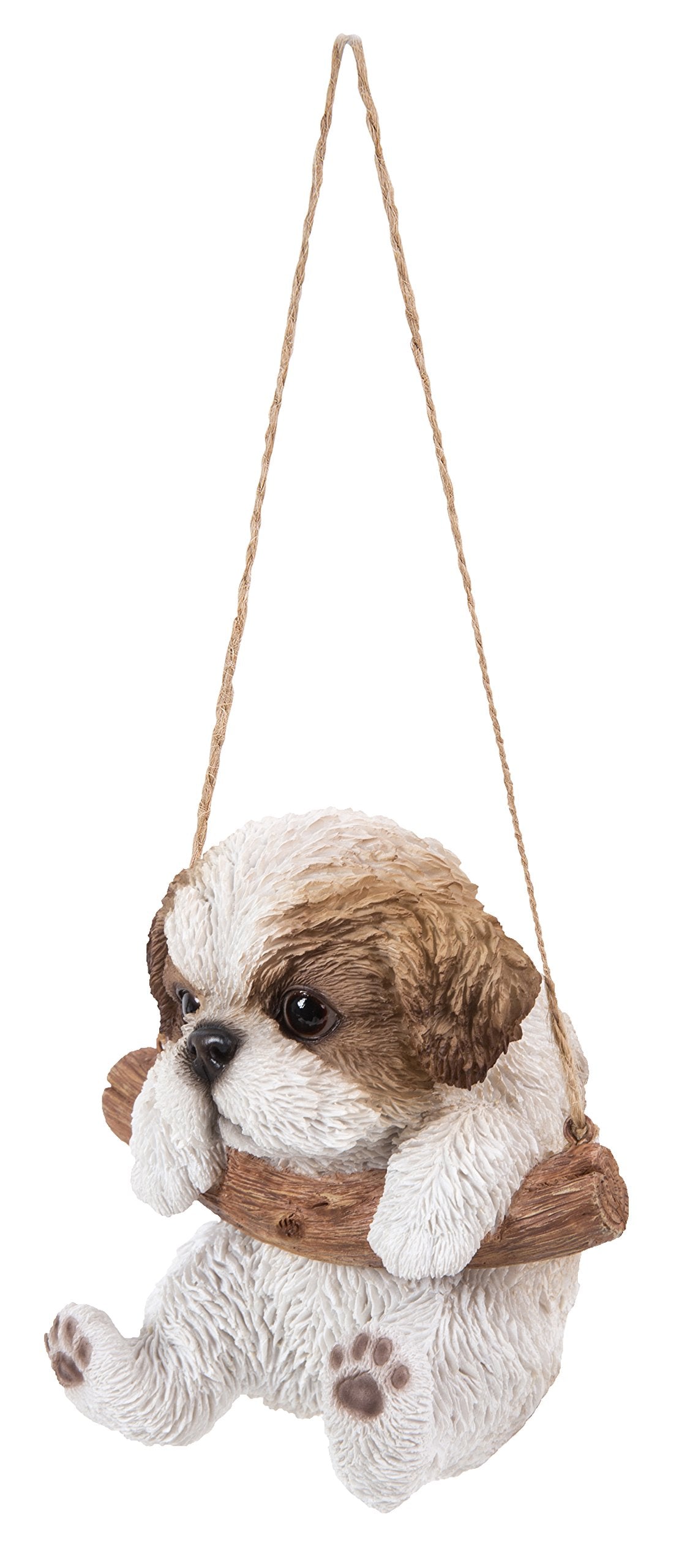 Hi-Line Shih Tzu Puppy hanging statue displayed on deck for whimsy