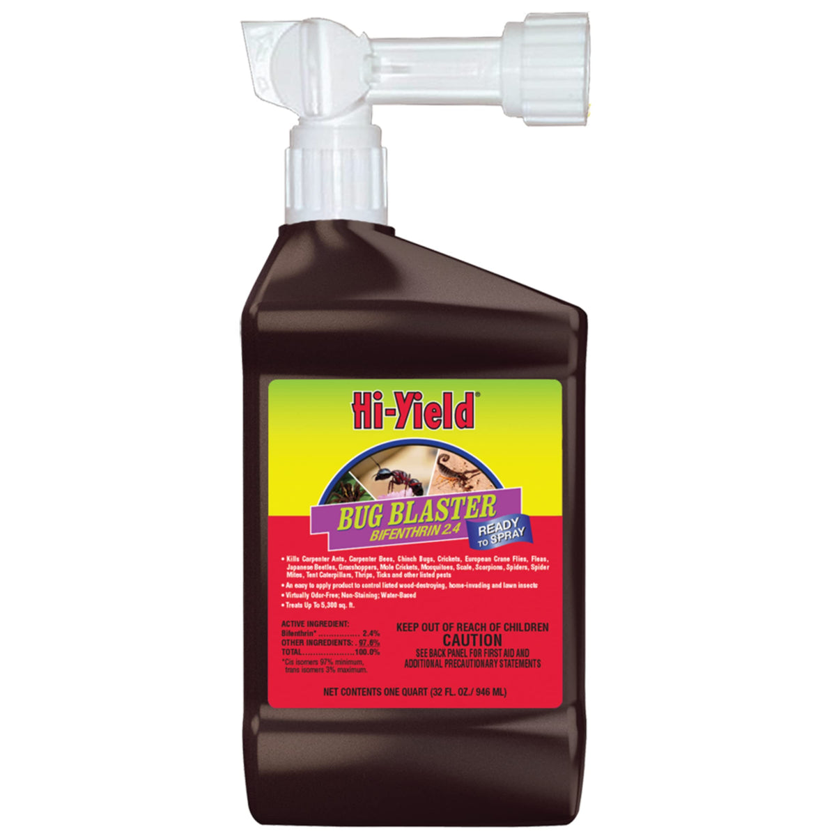 Hi-Yield Bug Blaster 32 oz bottle in use for lawn and landscape insect control.