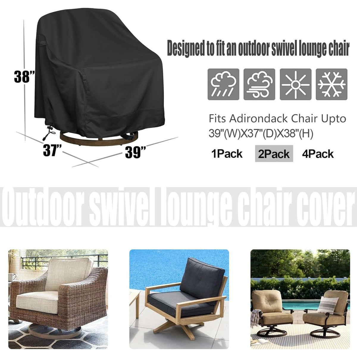 HI···YOUR COVER outdoor swivel chair cover side view shows easy-install handles.