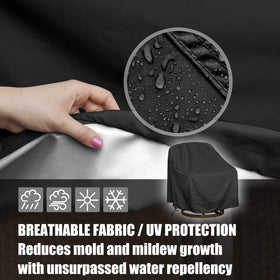 HI···YOUR COVER waterproof fabric keeps chairs dry during rain.