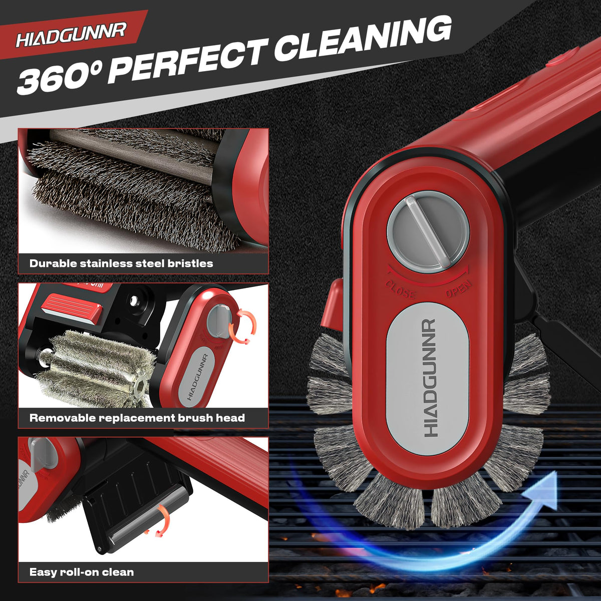HIADGUNNR cordless design lets you clean anywhere, even on dim-lit outdoor grills.