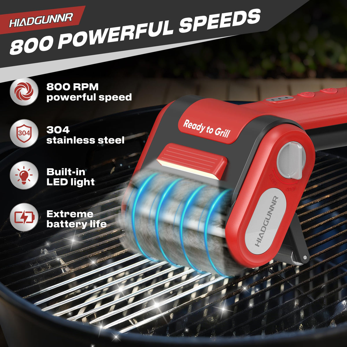 HIADGUNNR LED-assisted cleaning reveals hidden grease across grates after barbecue sessions.