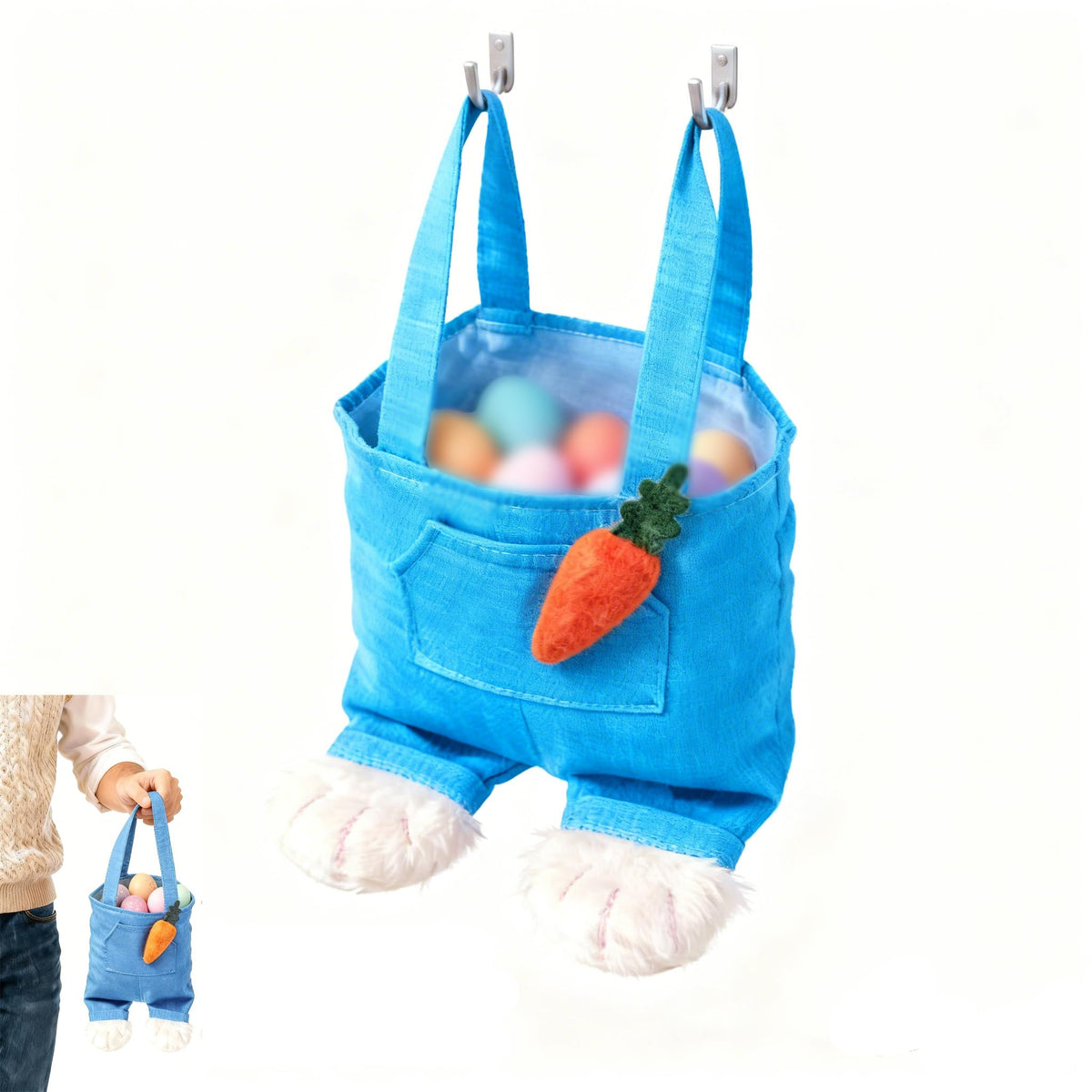 HiartGeil Easter Bunny Tote Basket blue front view for Easter decor