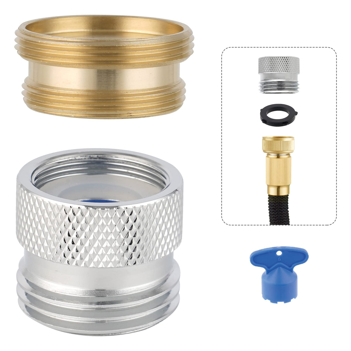 Hibbent faucet-to-garden-hose adapter chrome close-up showing durable brass construction