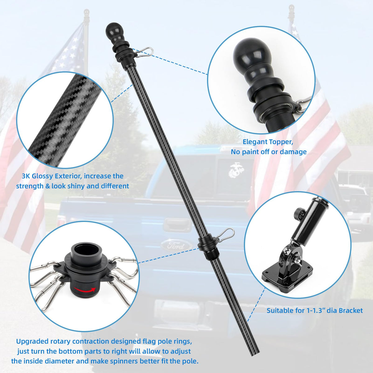 HIBLE 360-degree bearing flag pole enables smooth, tangle-free flag rotation.