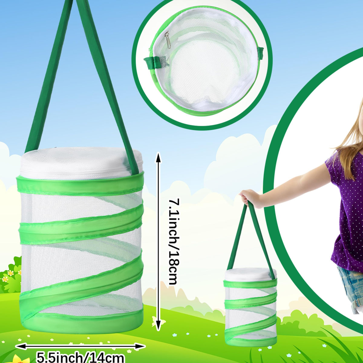 Hiboom collapsible butterfly net cage showing top zipper and portable design.