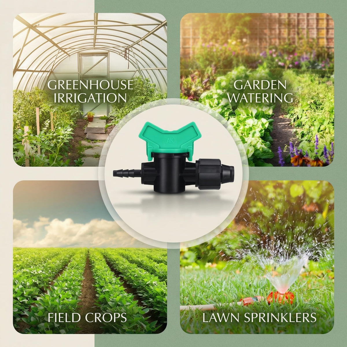 Hiboom garden irrigation setup with adjustable shut off