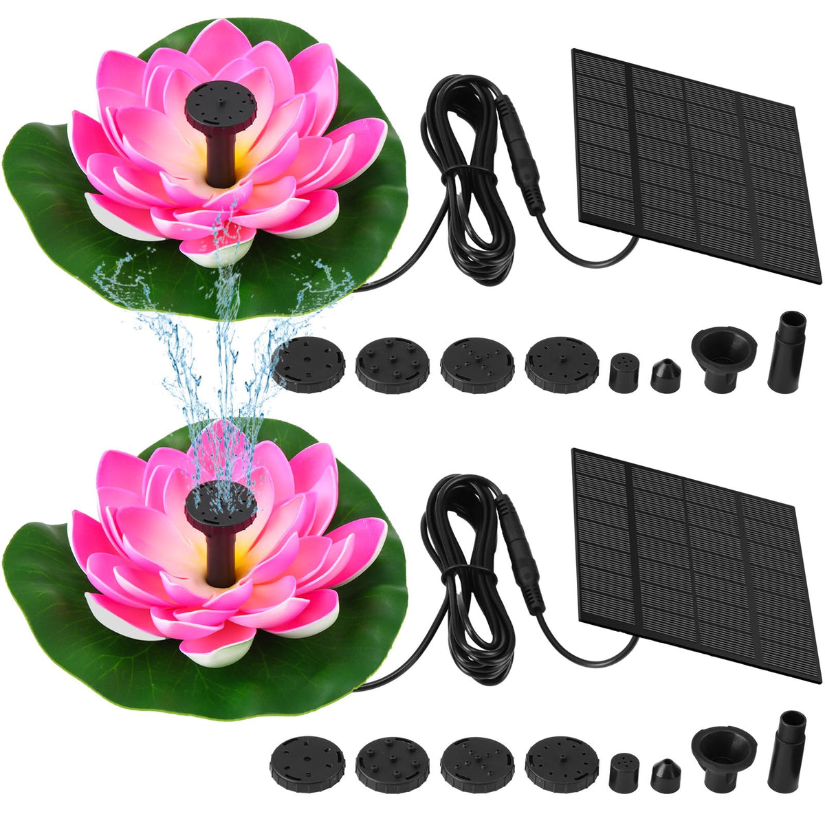 Hiboom solar fountain with lotus leaf design powering a two-pack bird bath setup.
