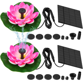Hiboom solar fountain with lotus leaf design powering a two-pack bird bath setup.