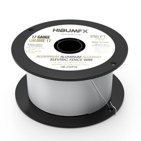 HIBUMFX spool of aluminum electric fence wire for durable, rust-free fencing.