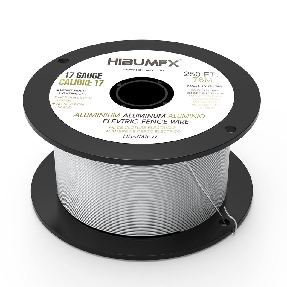 HIBUMFX spool of aluminum electric fence wire for durable, rust-free fencing.