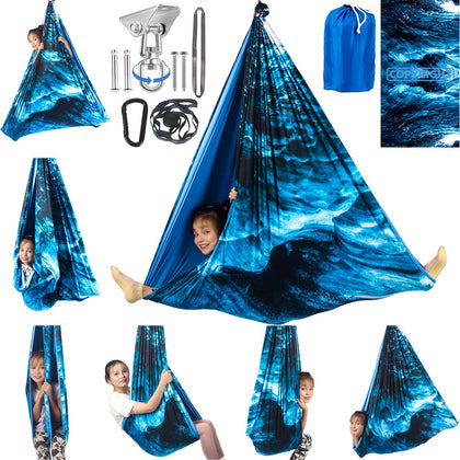 HiCamer double-layer sensory swing fabric close-up shows soft, durable material for calming playtime.