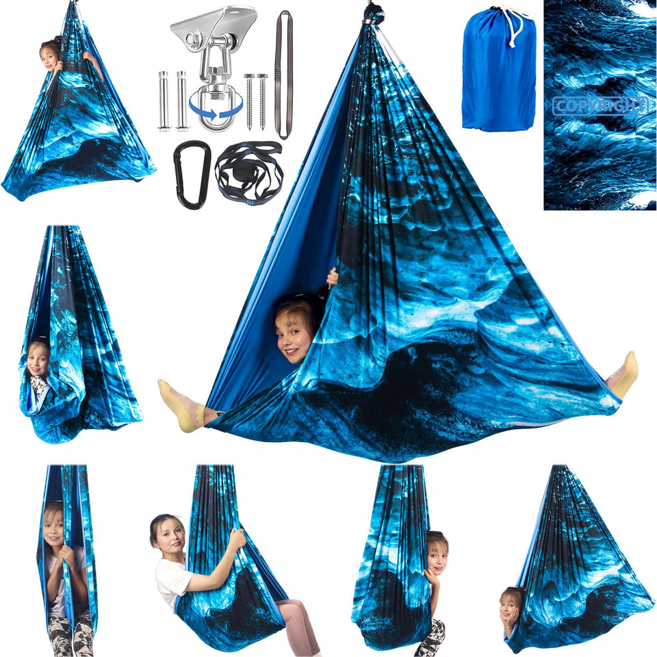 HiCamer double-layer sensory swing fabric close-up shows soft, durable material for calming playtime.