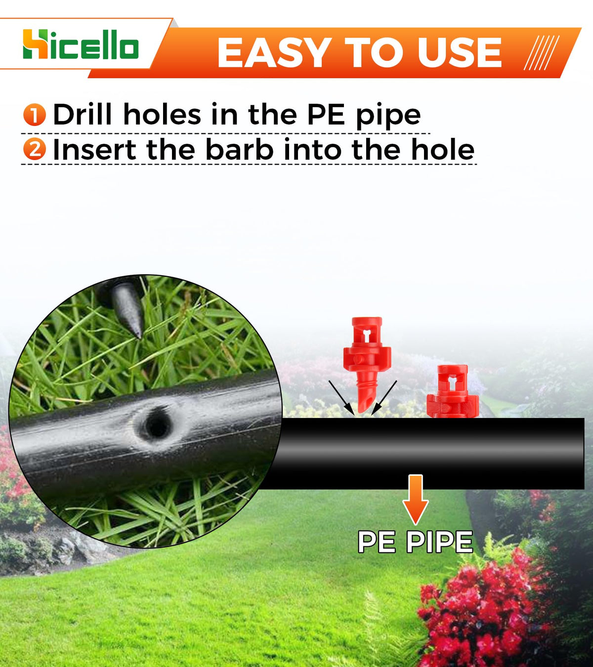 Hicello durable plastic sprinkler resists wear and clogging.