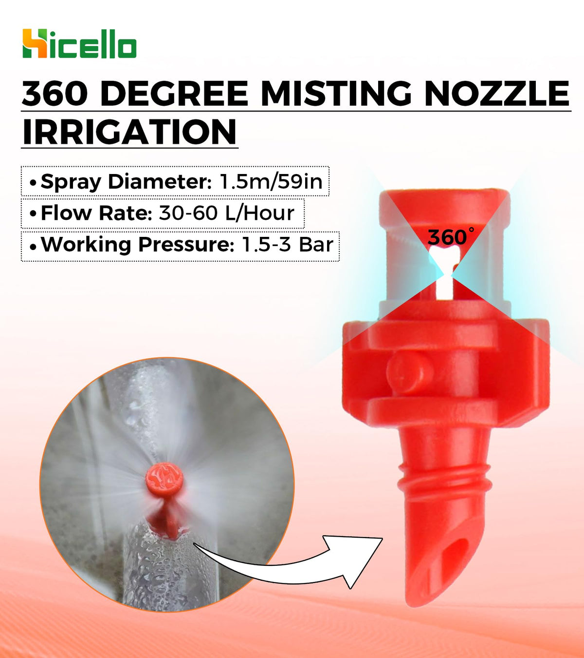 Hicello irrigation nozzle with 360° spray enables even watering.