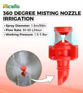 Hicello irrigation nozzle with 360° spray enables even watering.