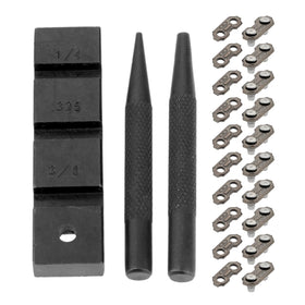 Hicello pocket chainsaw breaker needle demonstrates precise rivet insertion for quick repairs.