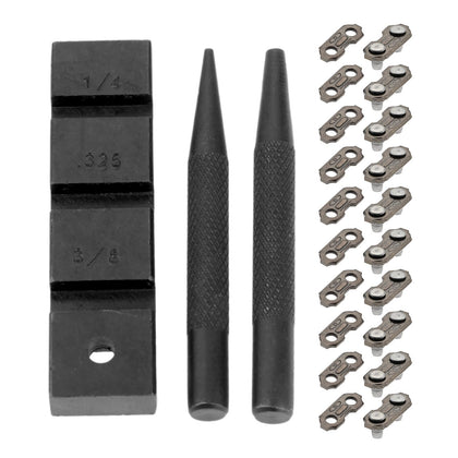 Hicello pocket chainsaw breaker needle demonstrates precise rivet insertion for quick repairs.