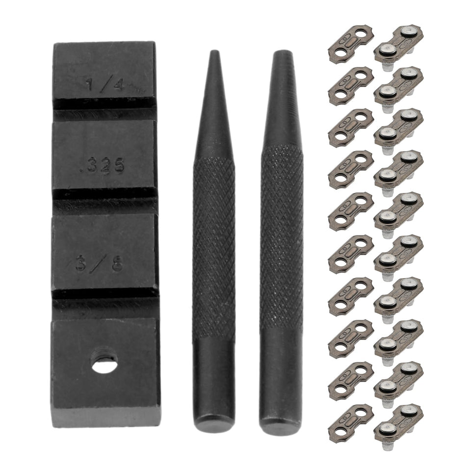 Hicello pocket chainsaw breaker needle demonstrates precise rivet insertion for quick repairs.