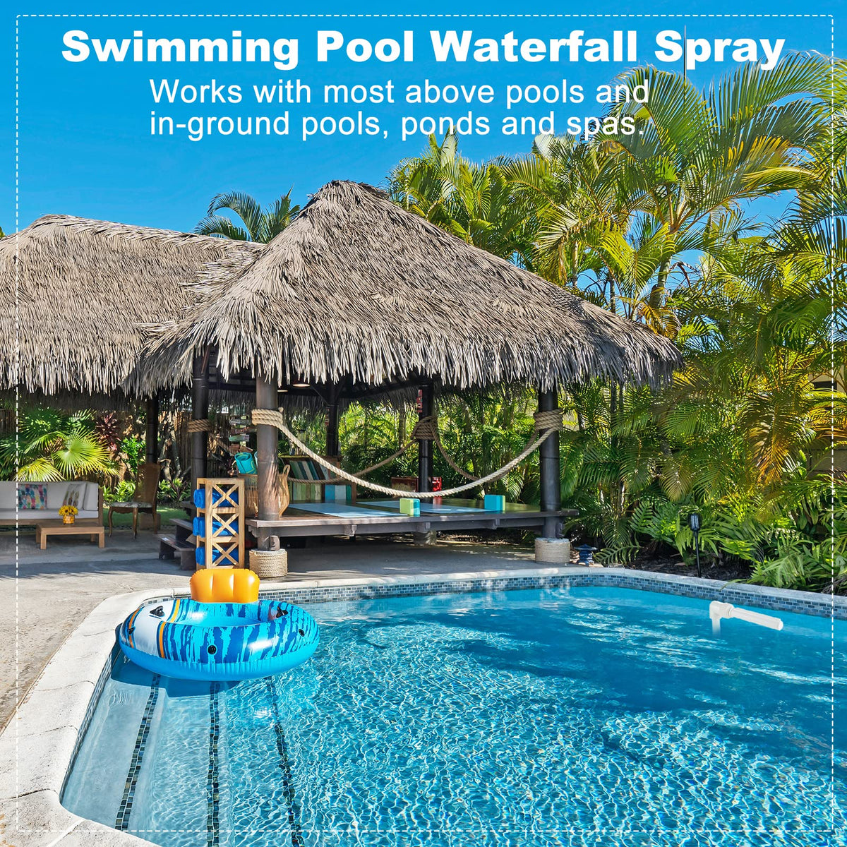 Hicello pool fountain installs in minutes with no extra hoses.