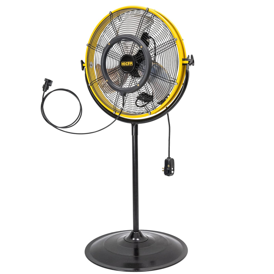 HiCFM misting pedestal fan outdoors delivers powerful cooling for patios