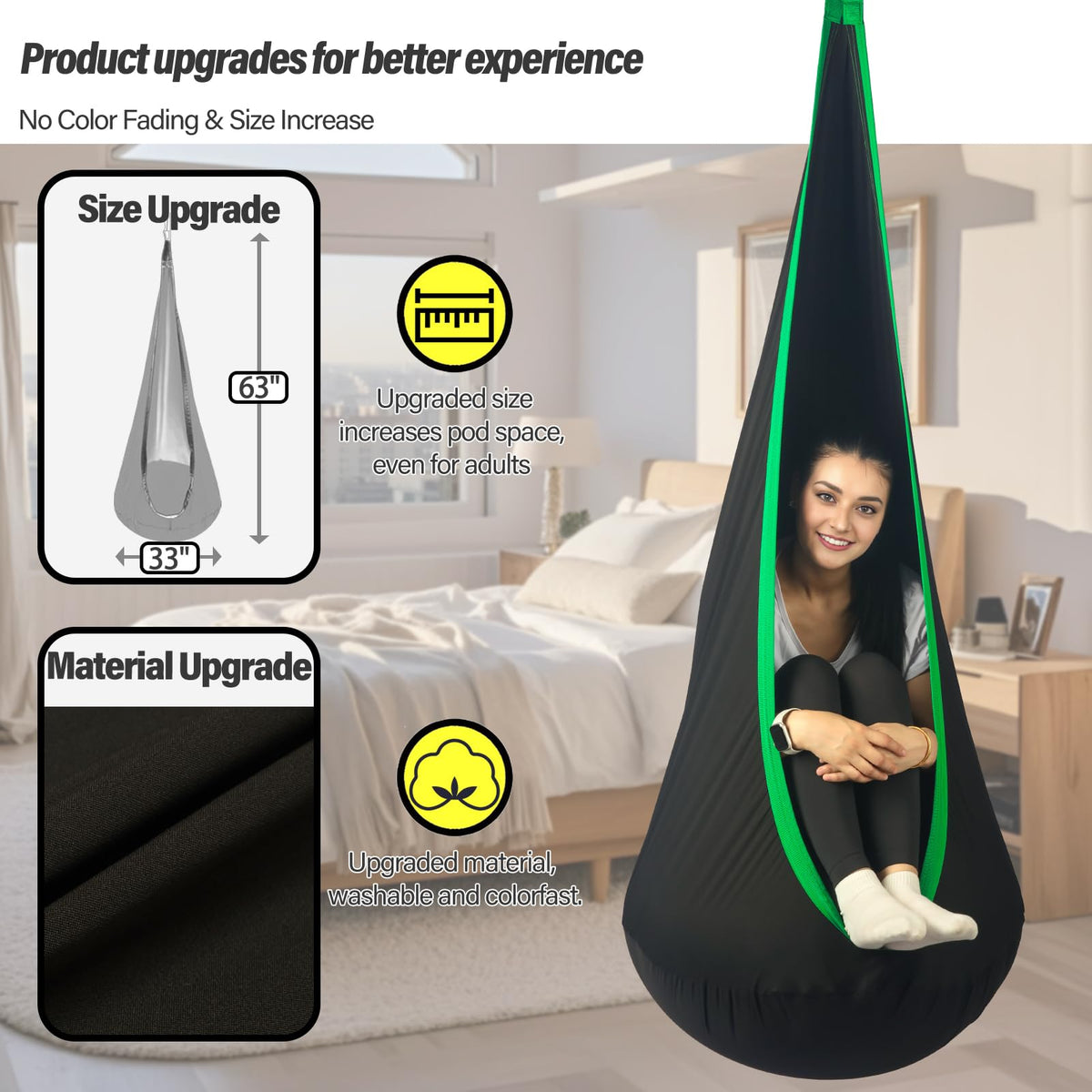 HiChrote pod swing usable indoors or outdoors for calming sessions.