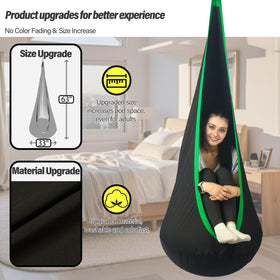 HiChrote pod swing usable indoors or outdoors for calming sessions.