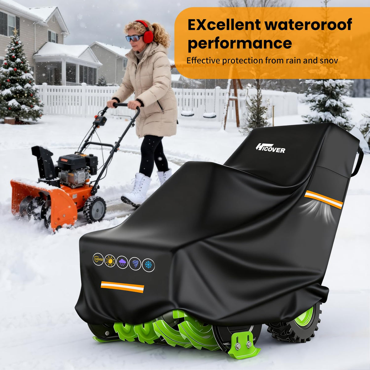 HICOVER snowblower cover shows front waterproof zipper access for quick maintenance