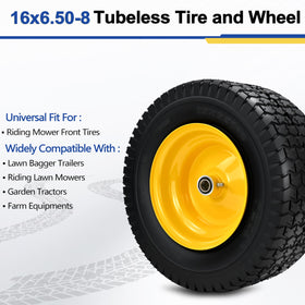 Hidtaw tubeless tire and wheel with strong traction tread for grassy and gravel surfaces.