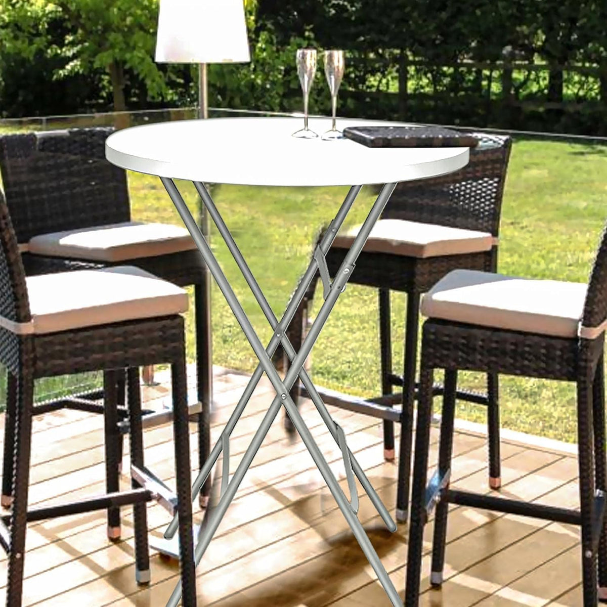 HiEthan white high-top table elevates party ambiance.