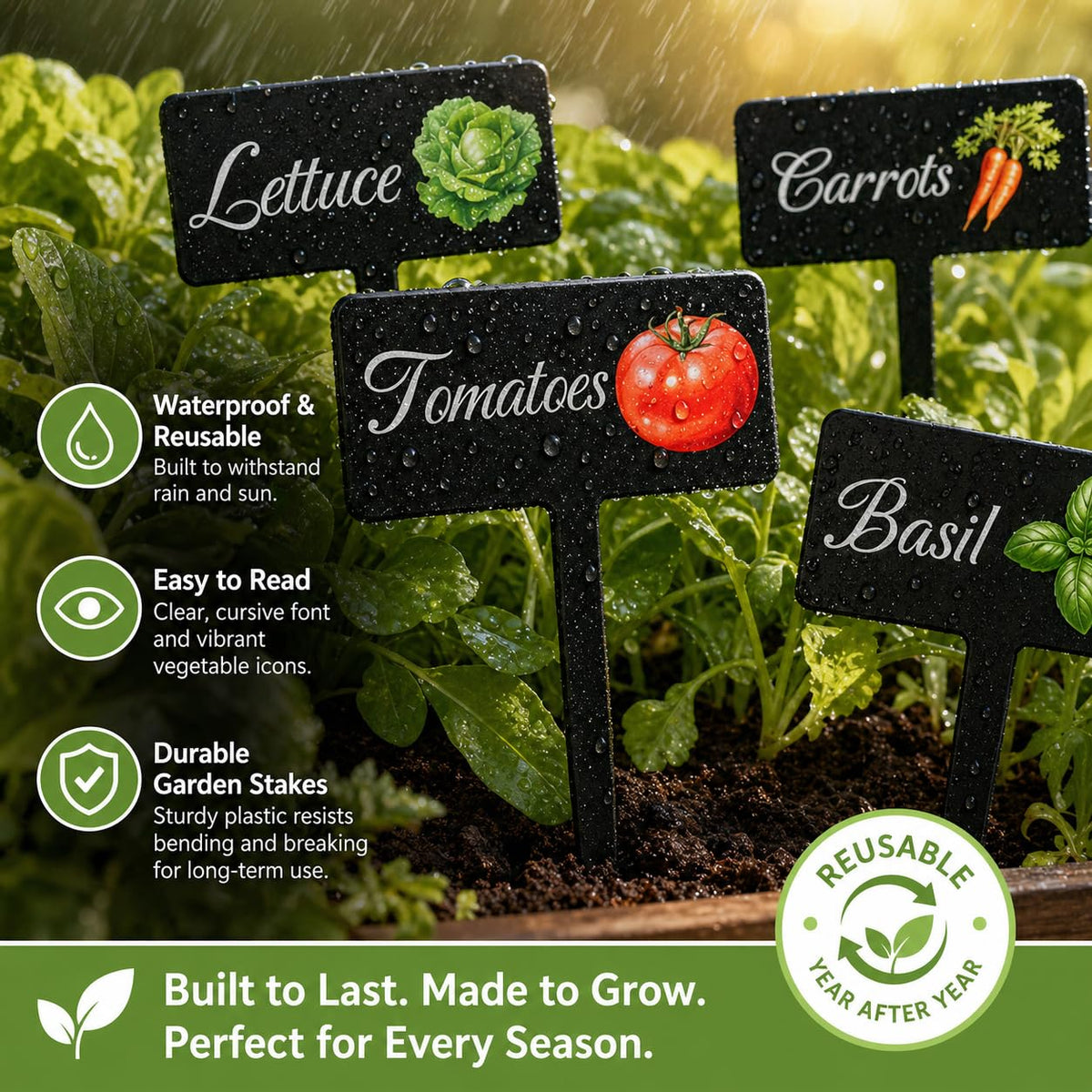 HIENAJ waterproof plant labels endure rain and sun while keeping vegetable IDs organized.