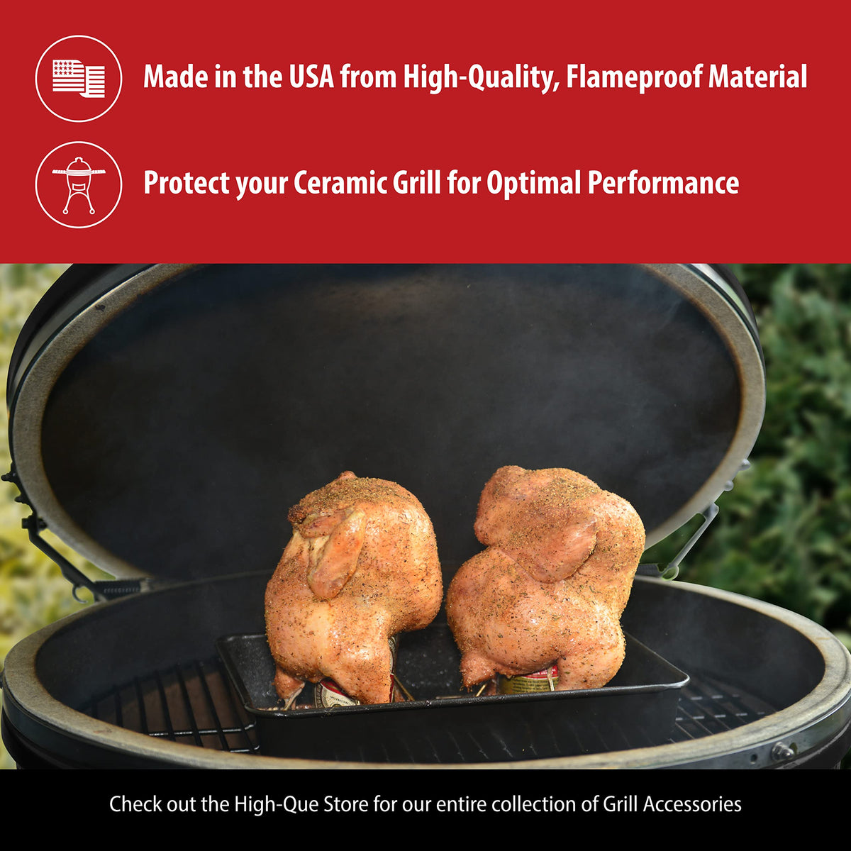 Chimney seal included to improve airflow during long cooks with High-Que.