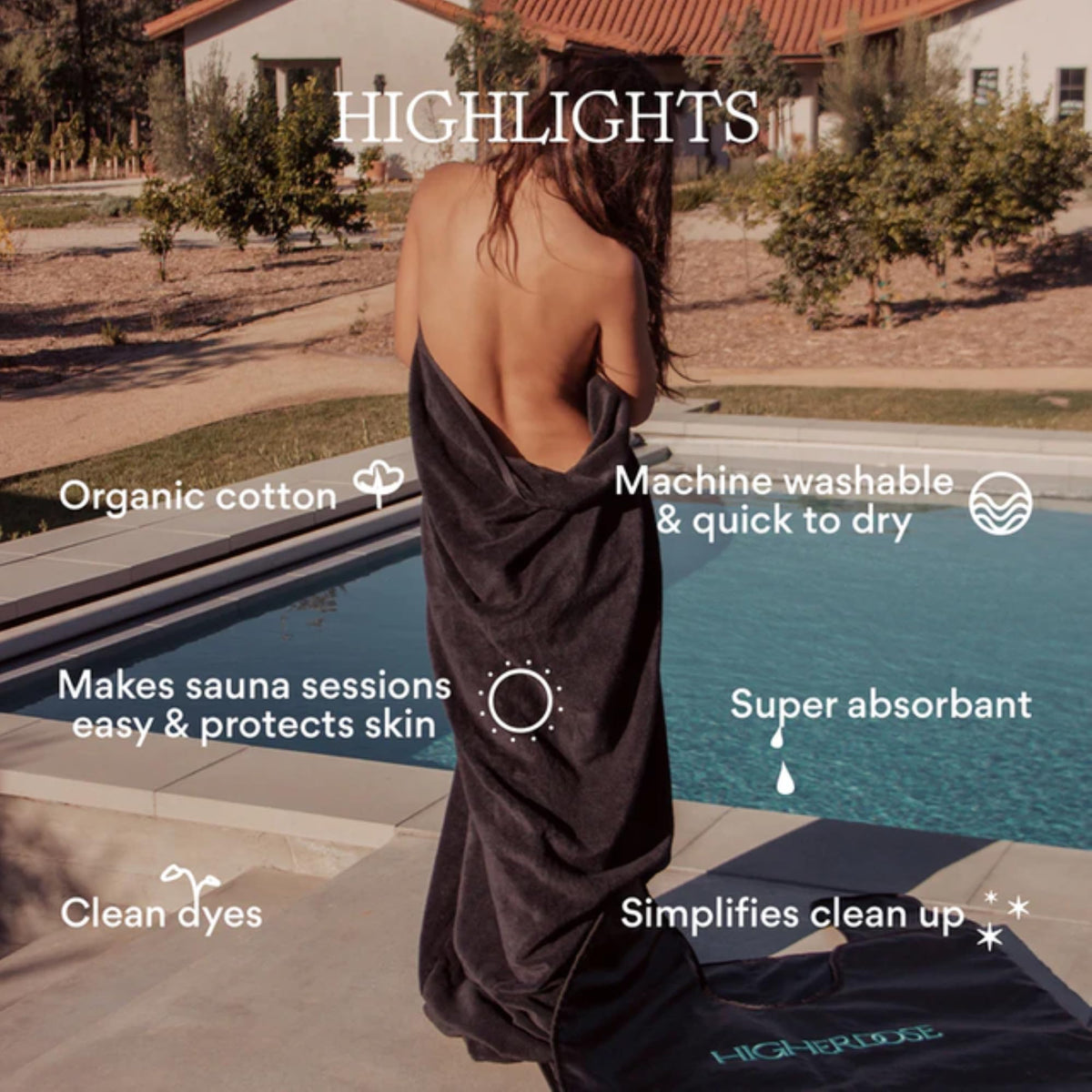 HigherDOSE organic cotton sauna towel delivers soft hypoallergenic comfort during use