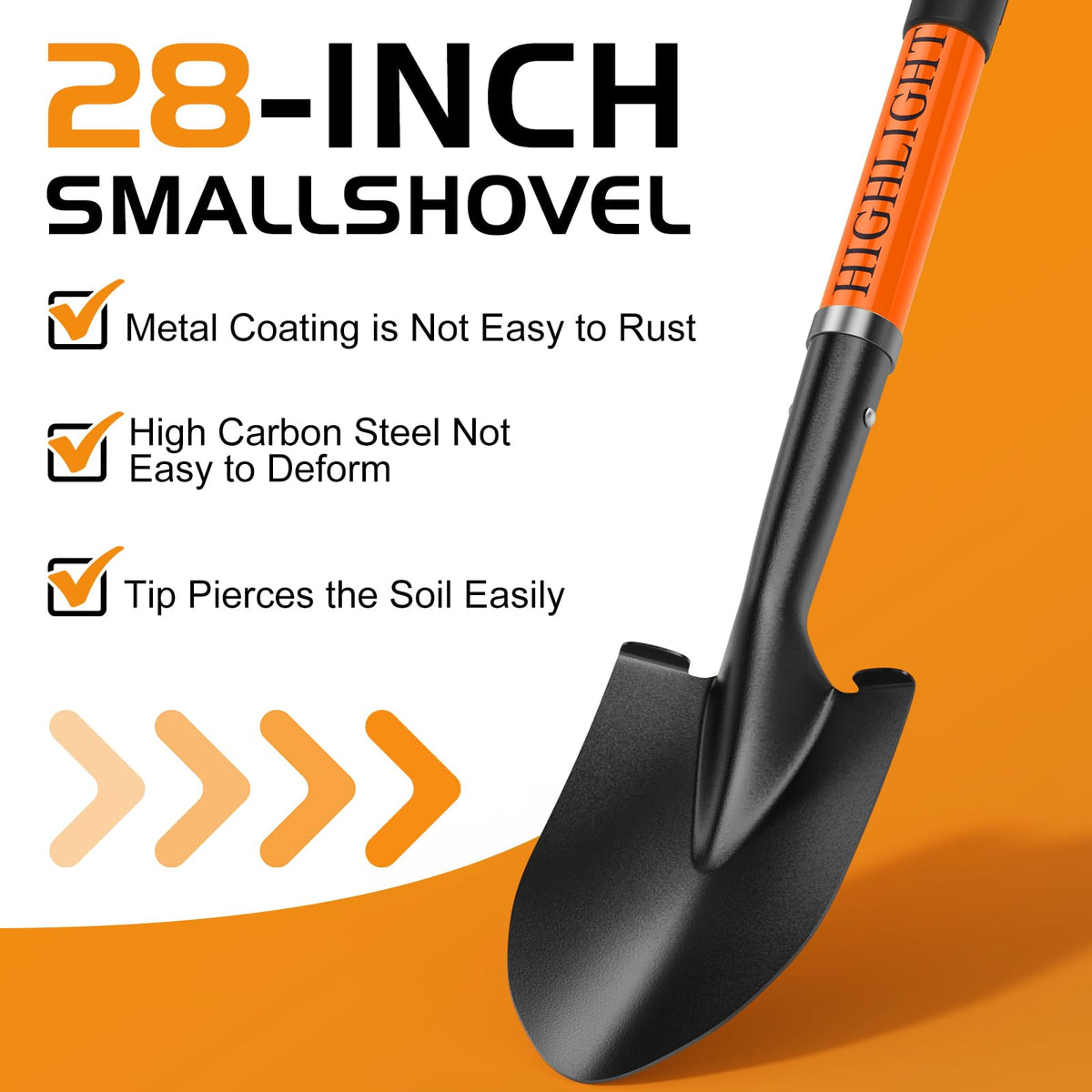 HIGHLIGHT Kids Shovel metal blade close-up with anti-corrosion coating.