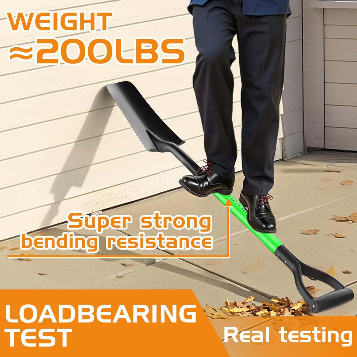 HIGHLIGHT Spade Shovel with hardened blade cuts through tough soil.