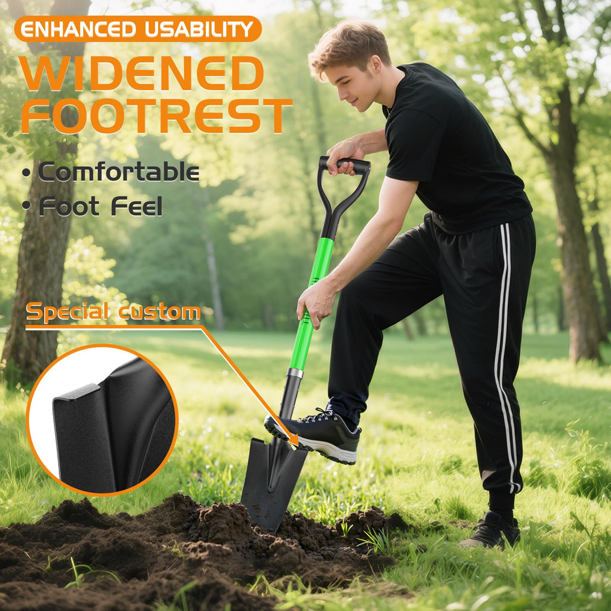 HIGHLIGHT Spade Shovel pointed blade cuts dense soil and roots.