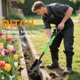 HIGHLIGHT Spade Shovel tall design reduces back strain.