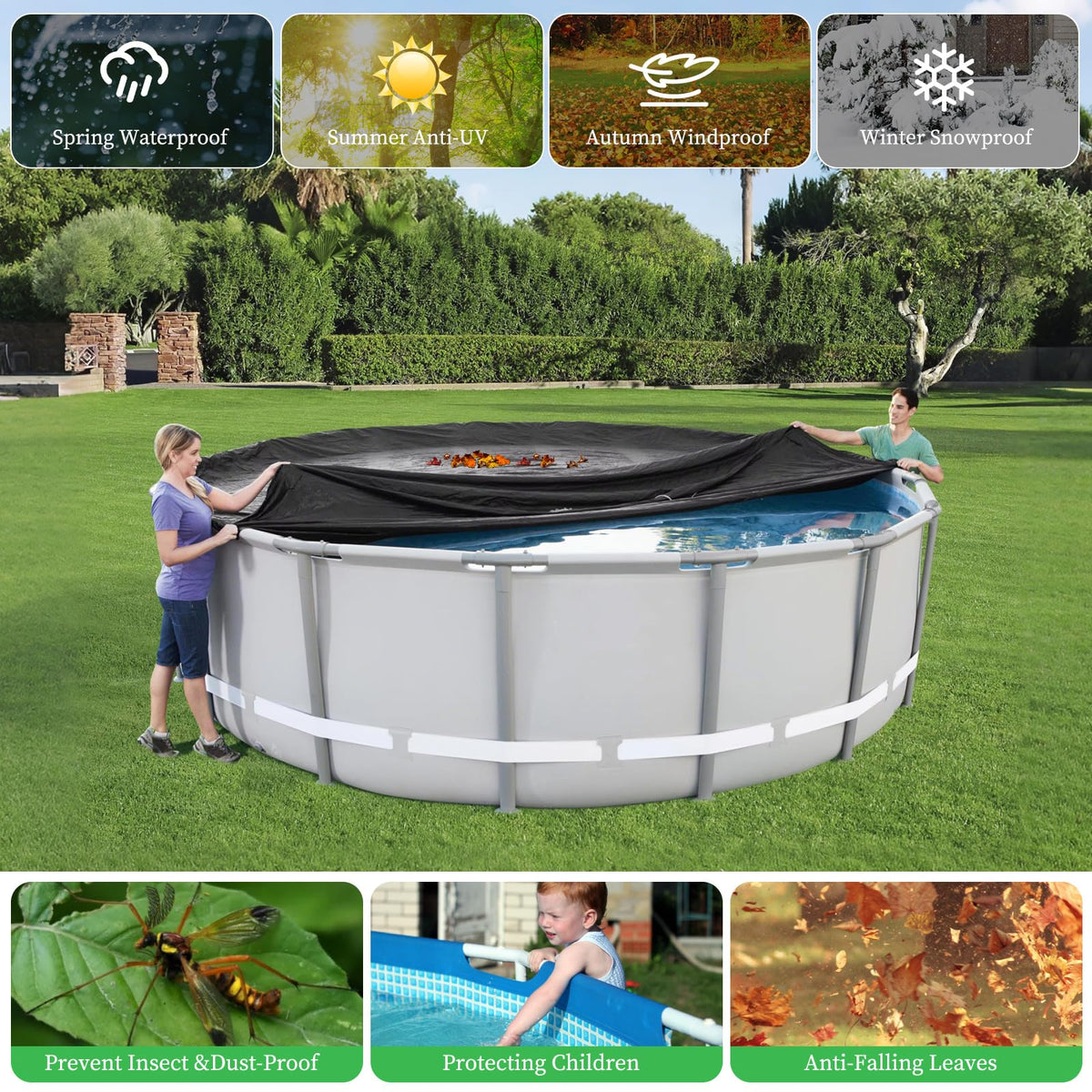 HIGHTQURO round cover fits above-ground pools and hot tubs