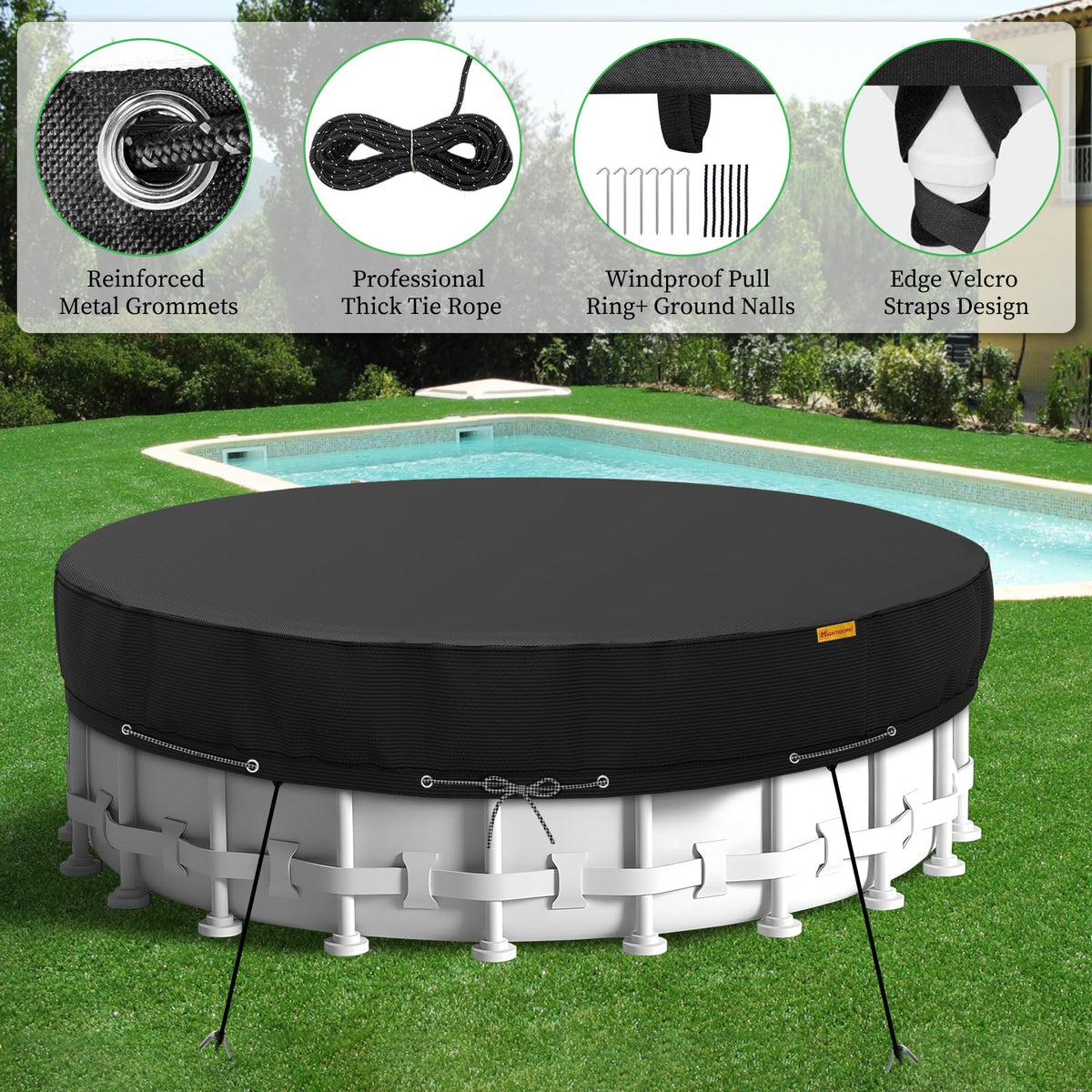 HIGHTQURO pool cover with ground nails improves wind resistance